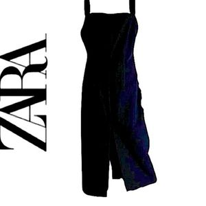 Zara. NWT. Long blacks dress w/front slit.Square neckline.Side zip.Size L